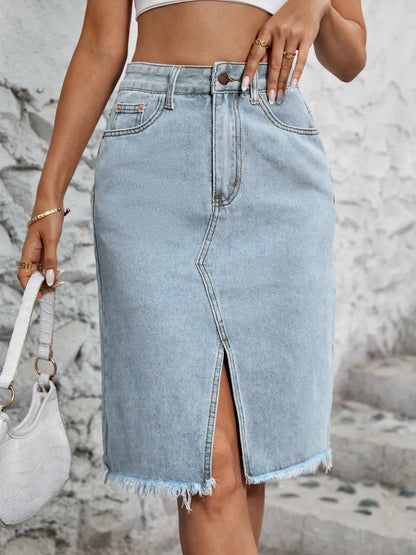 Raw Hem Slit Denim Skirt Carauana Store