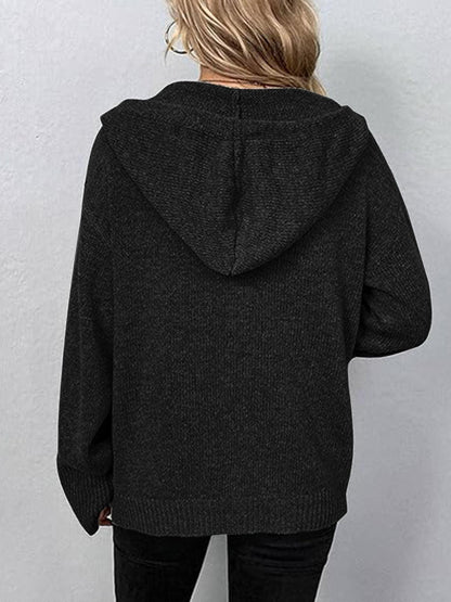 Button Up Drawstring Long Sleeve Hooded Cardigan Carauana Store
