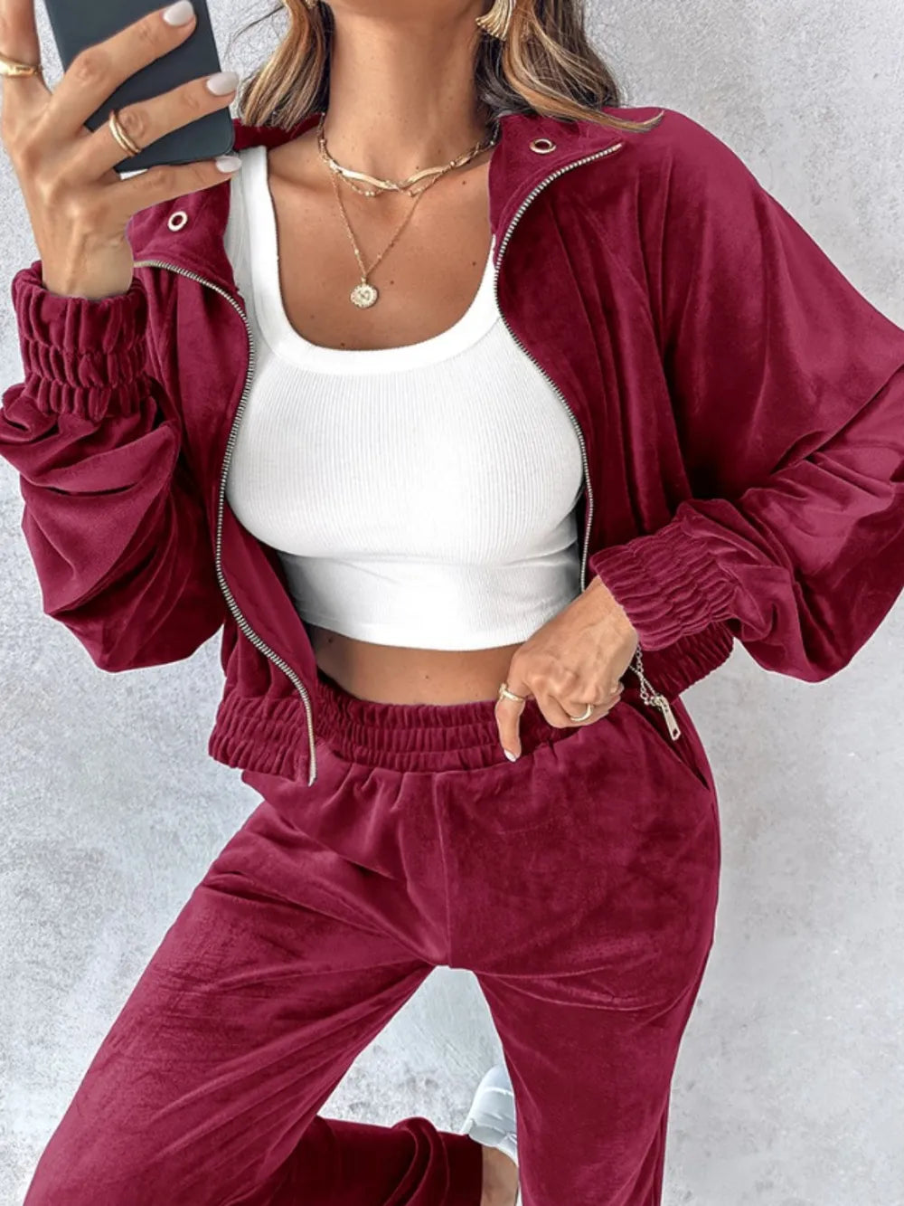 Zip Up Long Sleeve Cropped Top and Joggers Set Carauana Store