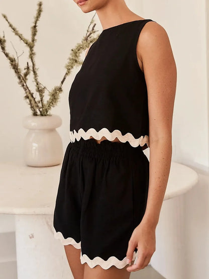 Contrast Trim Round Neck Tank and Shots Set Carauana Store