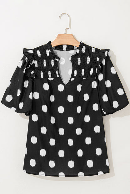 Black Polka Dot Print Shirred Yoke Notched Neck Balloon Sleeve Blouse