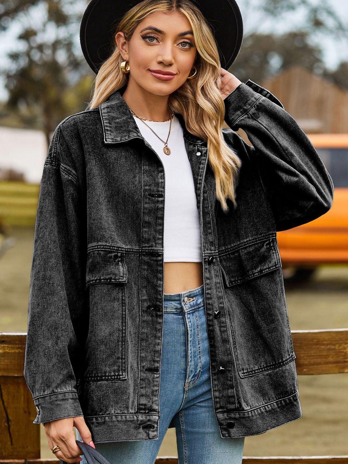 Dropped Shoulder Denim Jacket with Pockets Carauana Store