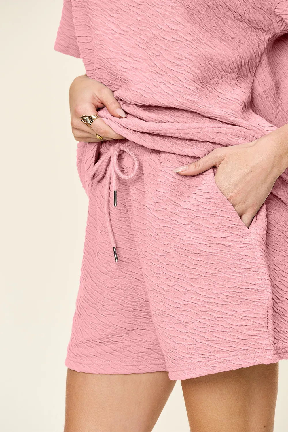 Double Take Full Size Texture Short Sleeve T-Shirt and Drawstring Shorts Set Carauana Store