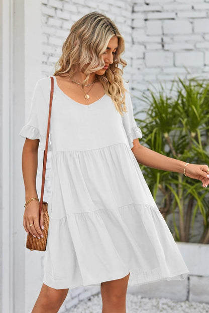 V-Neck Flounce Sleeve Tiered Dress Carauana Store