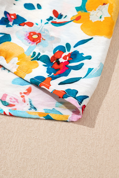 Peacock Blue Floral Print Slit V Neck Short Sleeve Blouse