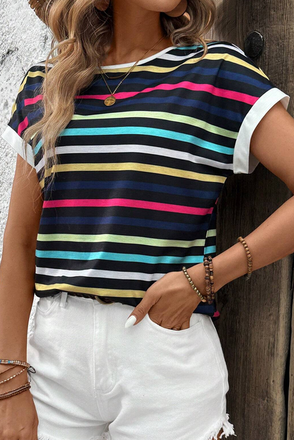 Black Stripe Multicolor Contrast Edge Crew Neck T Shirt
