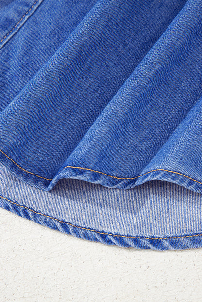 Sky Blue Mineral Wash Frilled Button Up Denim Shirt