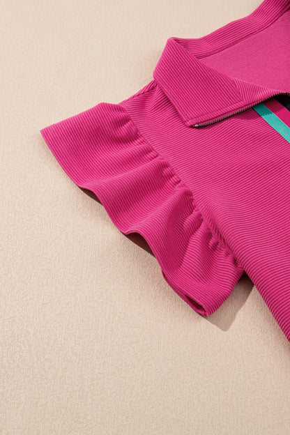 Striped Detail Flutter Sleeve Zipped Collar Top and Short Set Carauana Store