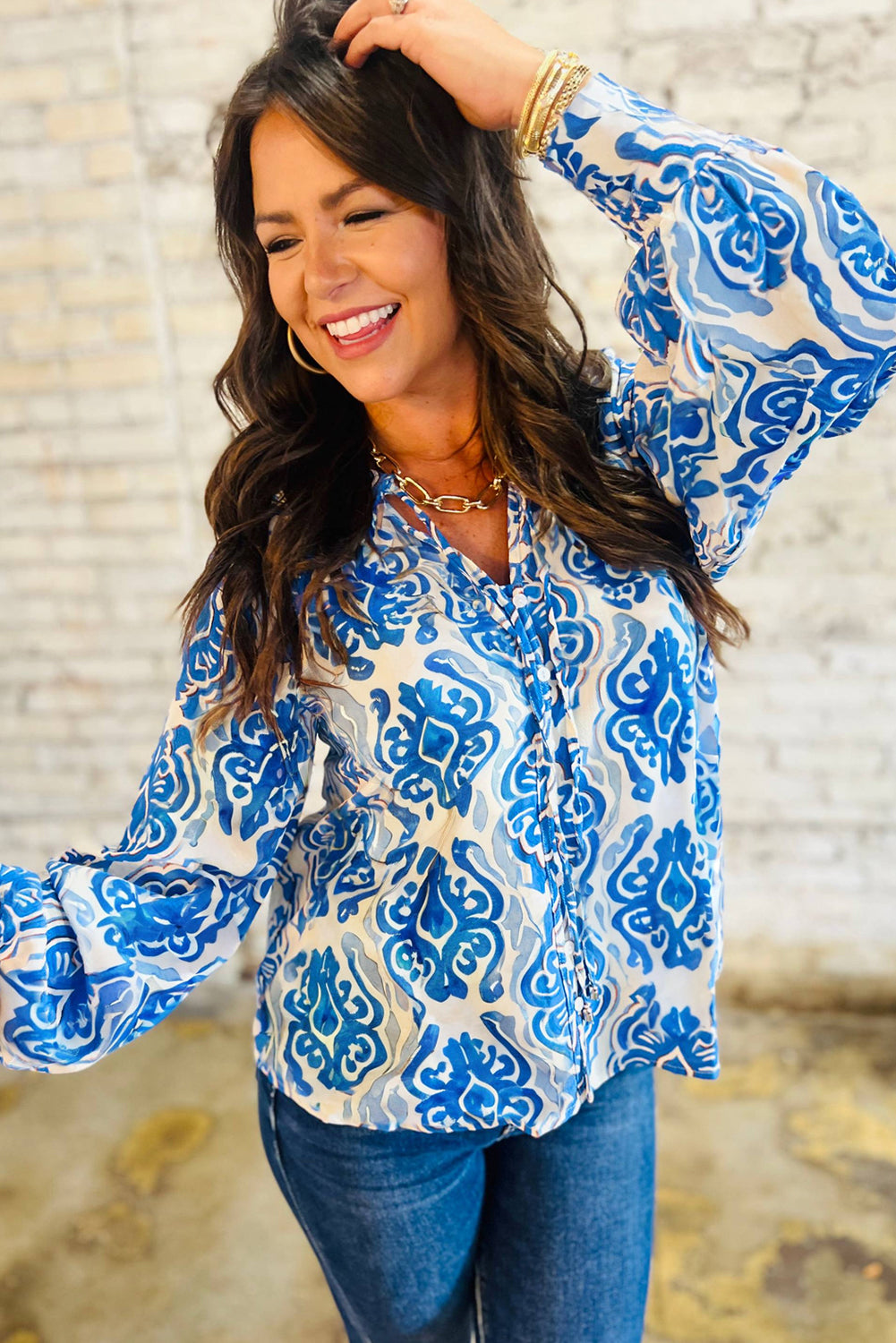 Sky Blue Ethnic Printed Tie Split Neck Button Front Puff Sleeve Shirt