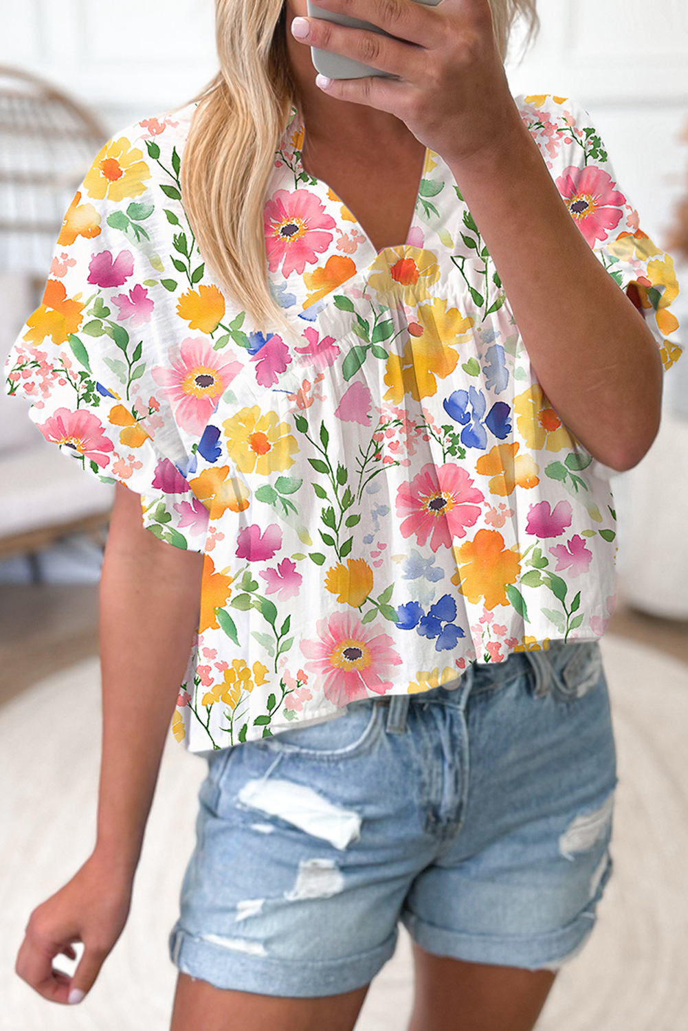 Yellow Floral Boxy Fit Ruffled Short Sleeve V Neck Blouse