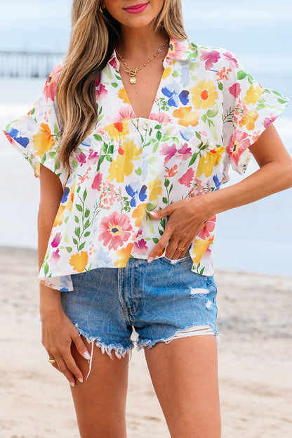 Yellow Floral Boxy Fit Ruffled Short Sleeve V Neck Blouse