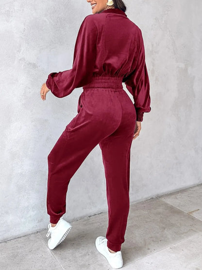 Zip Up Long Sleeve Cropped Top and Joggers Set Carauana Store