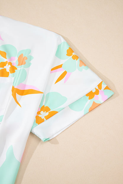 Green Floral Print Loose Fit V Neck Half Sleeve Blouse