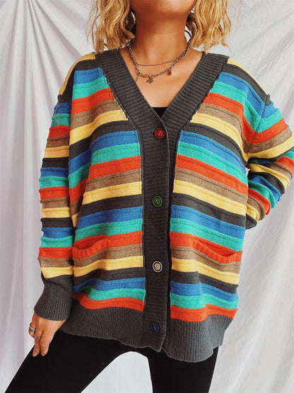 Contrast Stripes Button Up Long Sleeve Cardigan Carauana Store