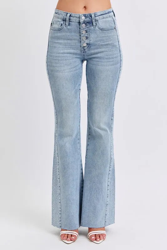 Judy Blue Full Size Mid Rise Rhinestone Side Panel Detail Flare Jeans Plus Size Carauana Store