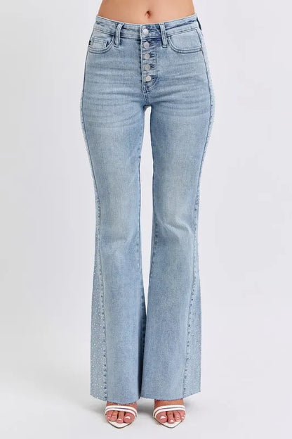 Judy Blue Full Size Mid Rise Rhinestone Side Panel Detail Flare Jeans Plus Size Carauana Store