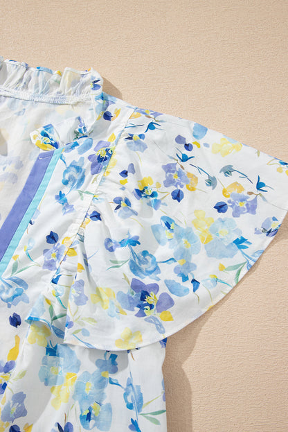 Sky Blue Floral Print Frilled Notched V Neck Blouse