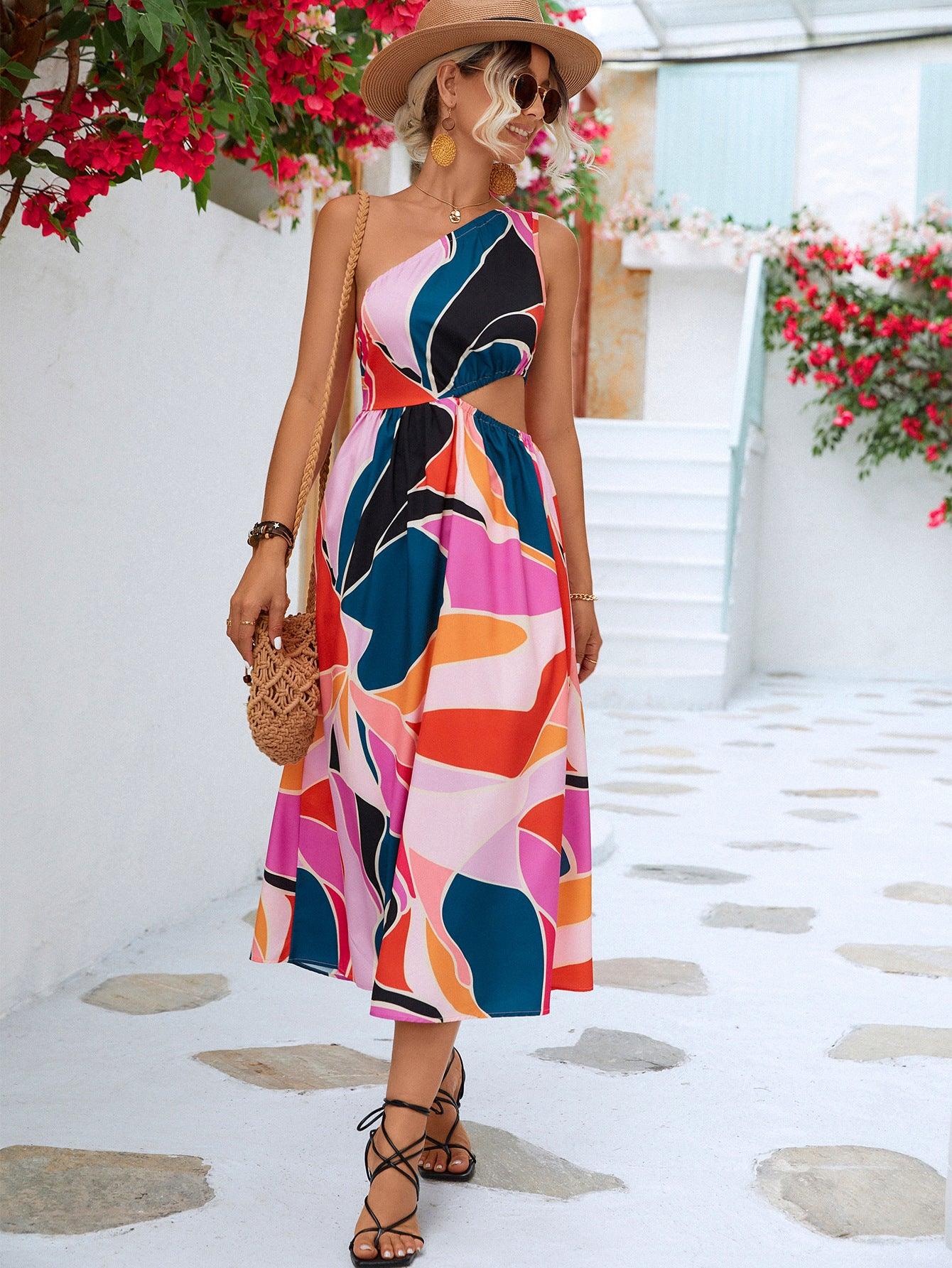 Printed Cutout One-Shoulder Sleeveless Dress Carauana Store