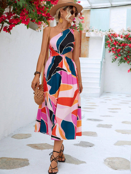 Printed Cutout One-Shoulder Sleeveless Dress Carauana Store