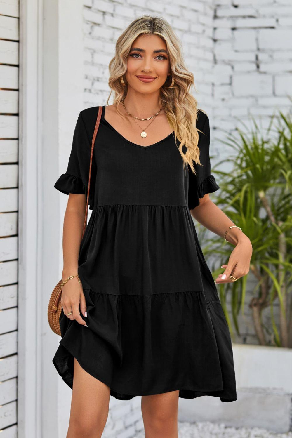 V-Neck Flounce Sleeve Tiered Dress Carauana Store