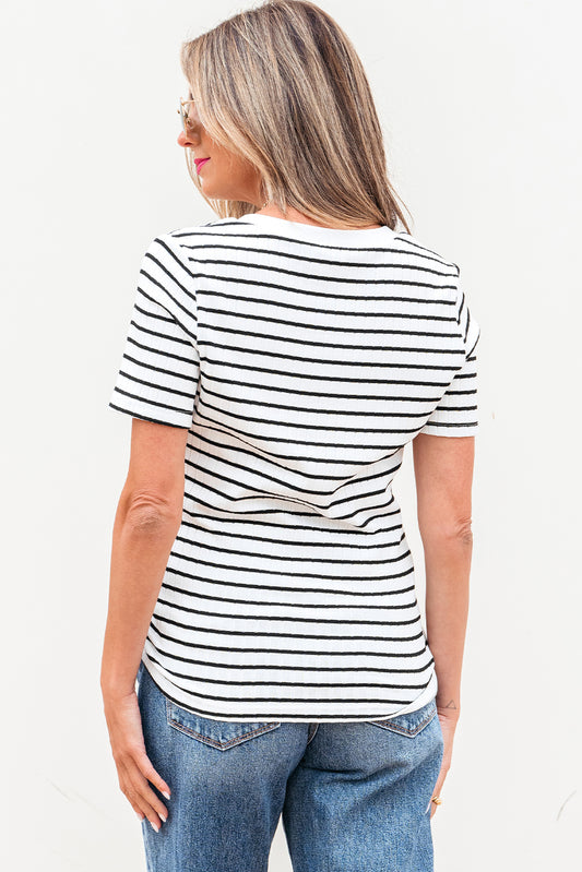 White Stripe Textured Short Sleeve Buttoned Henley Top