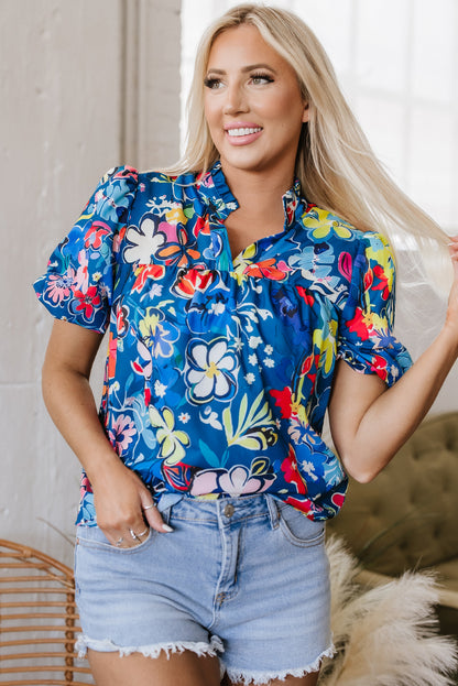 Blue Flower Print Collared V Neck Puff Short Sleeve Loose Blouse