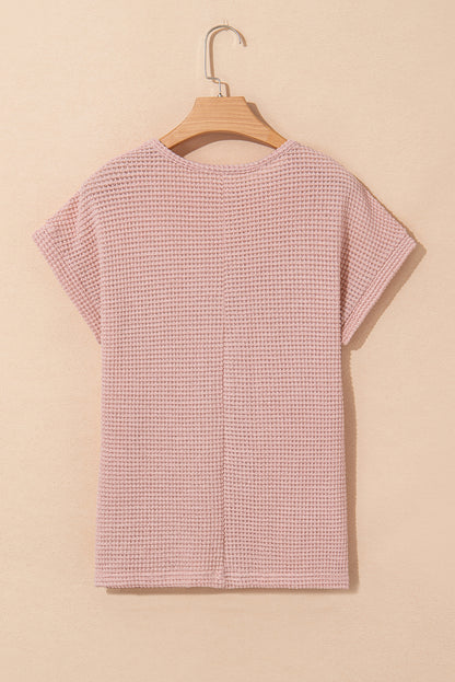 Light Pink Lace Patchwork Waffle Short Sleeve Top