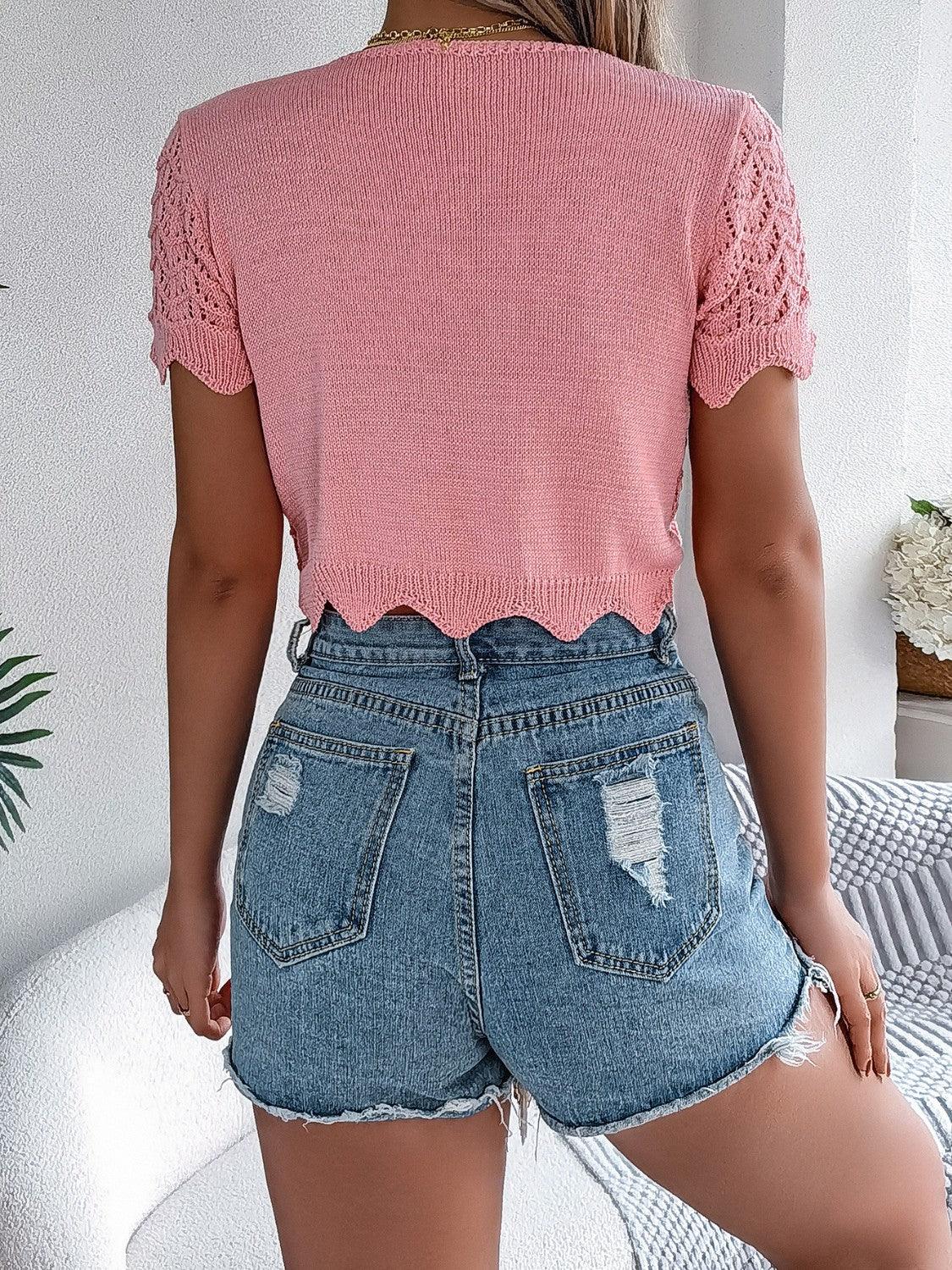 Tied Openwork Short Sleeve Cardigan Carauana Store