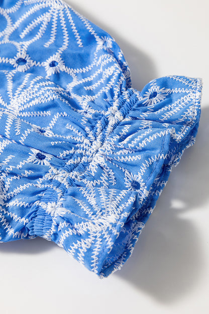 Sky Blue Eyelet Flower Embroidery Frilled Short Puff Sleeve Blouse