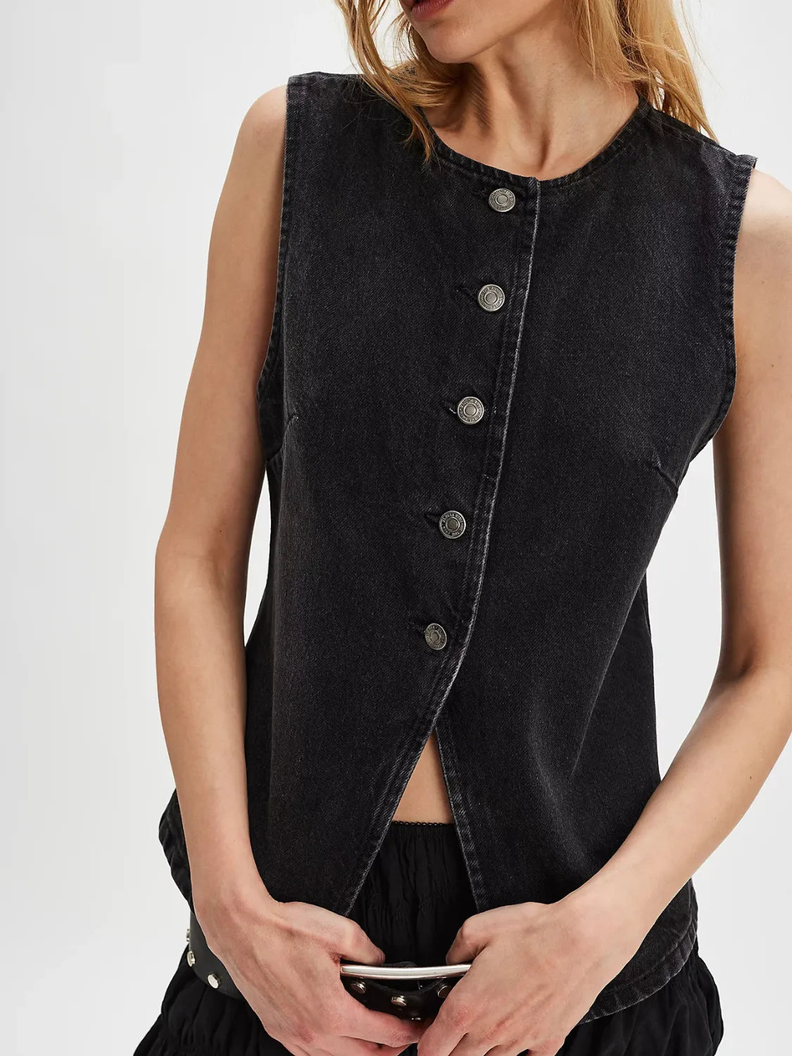 Button Down Round Neck Denim Vest Carauana Store