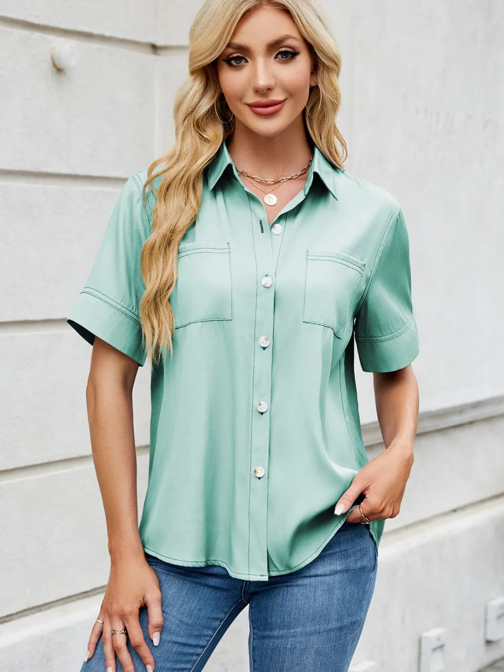 Collared Neck Short Sleeve Shirt Carauana Store