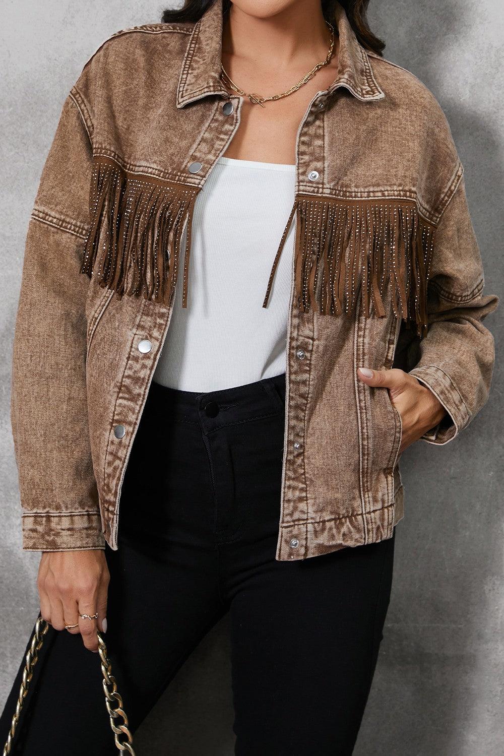 Fringe Trim Snap Down Denim Jacket Carauana Store