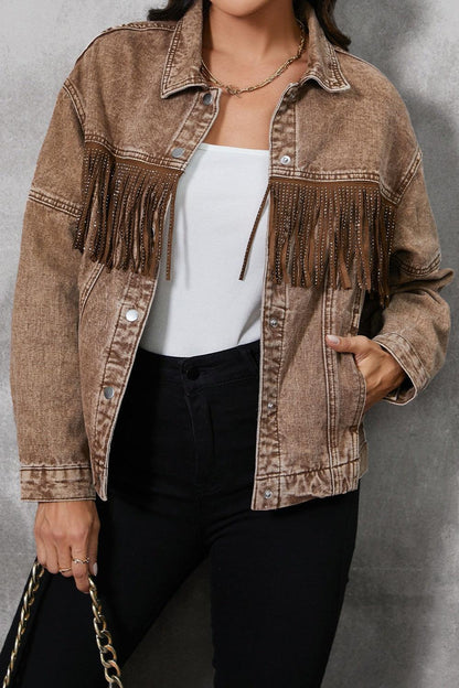 Fringe Trim Snap Down Denim Jacket Carauana Store