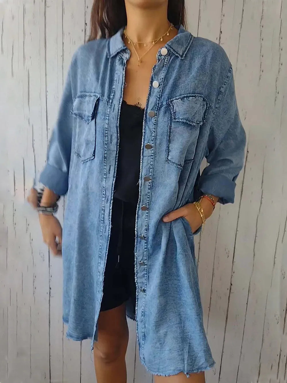 Full Size Raw Hem Button Up Long Sleeve Denim Top Plus Size Carauana Store