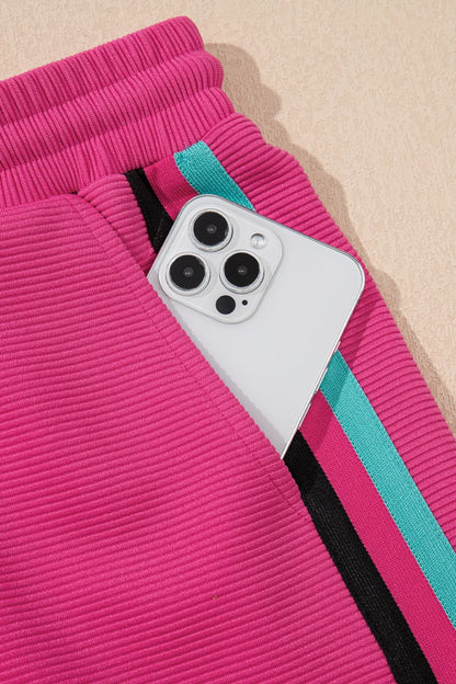 Striped Detail Flutter Sleeve Zipped Collar Top and Short Set Carauana Store