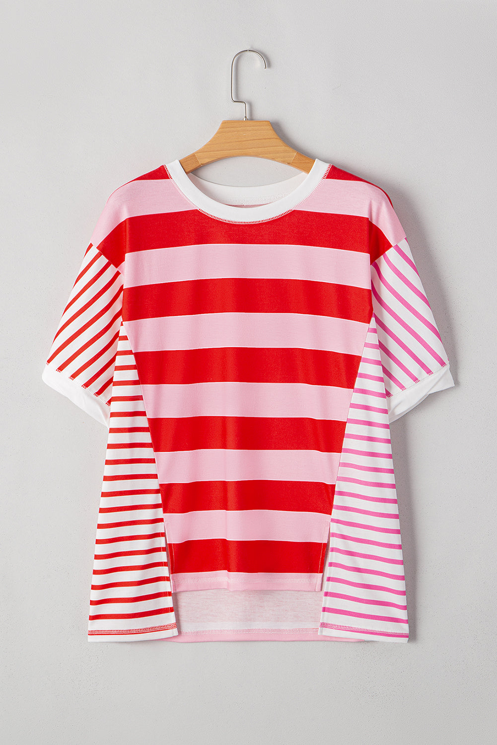 Pink Stripe Patchwork Round Neck Side Split Loose T Shirt