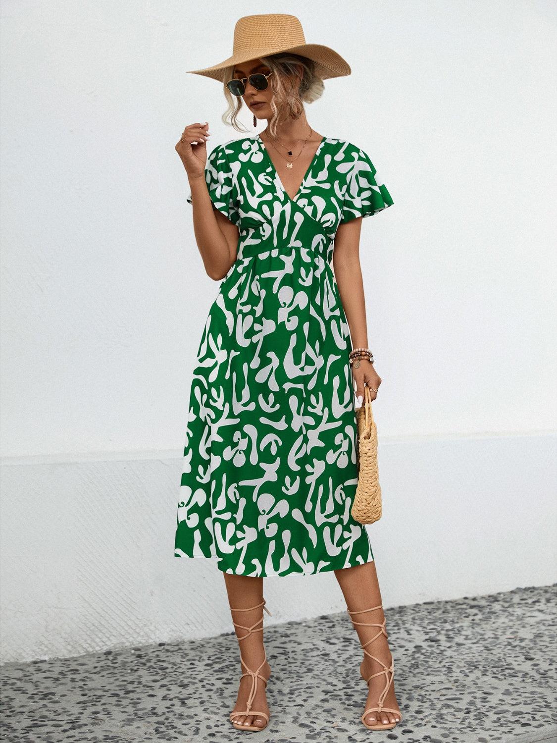 Printed V-Neck Short Sleeve Dress Carauana Store