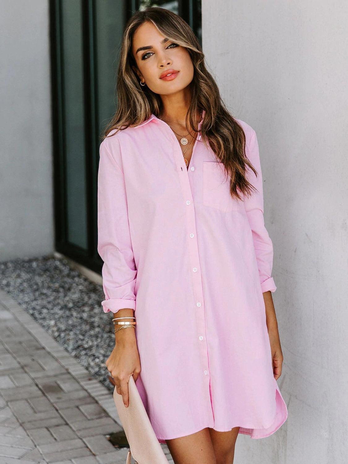 Button Up Collared Neck Long Sleeve Shirt Dress Carauana Store