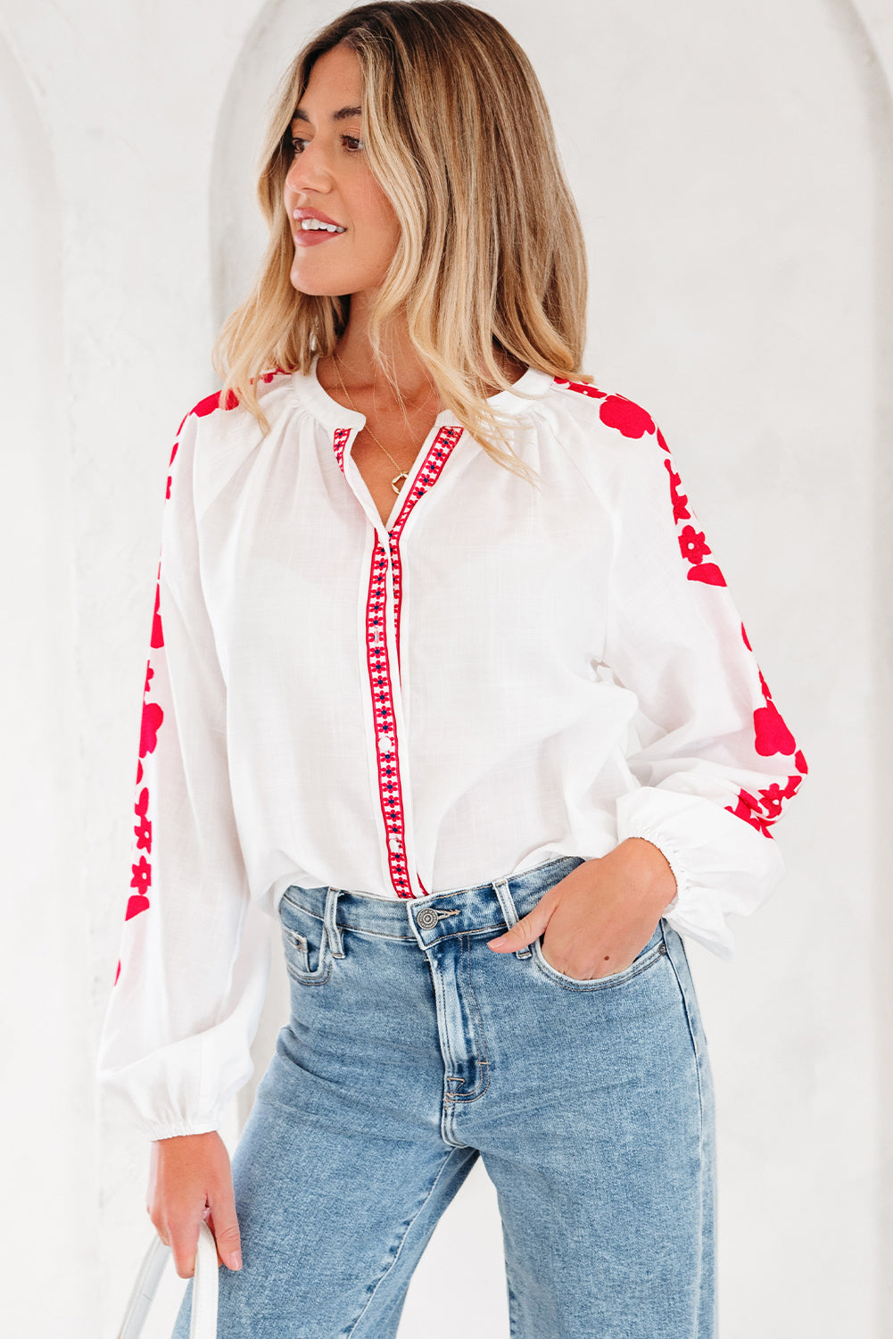 White Floral Embroidered Puff Long Sleeve Casual Shirt