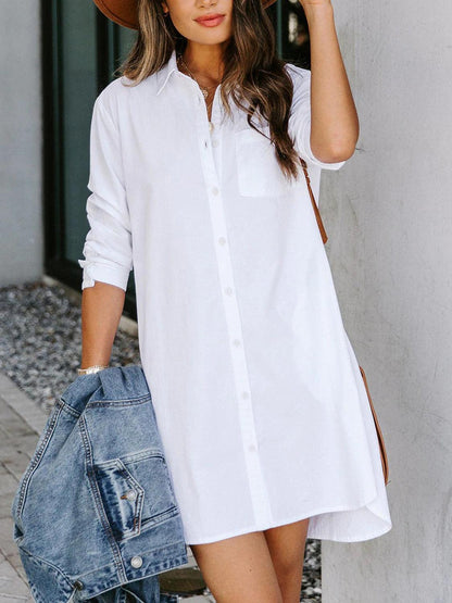 Button Up Collared Neck Long Sleeve Shirt Dress Carauana Store