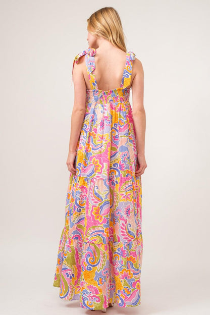 And The Why Full Size Printed Tie Shoulder Tiered Maxi Dress Carauana Store