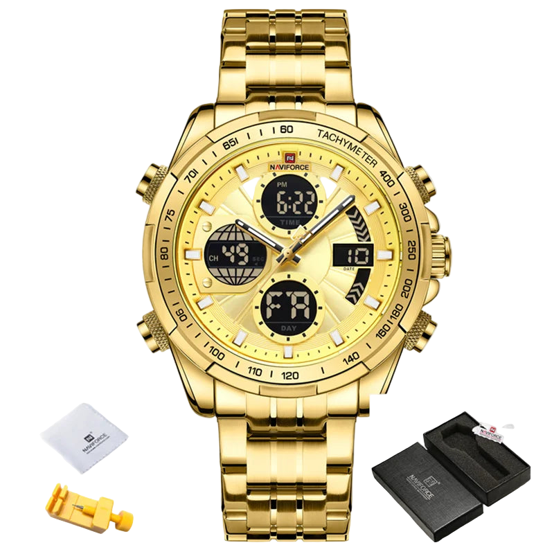 Gold Naviforce watch with digital display