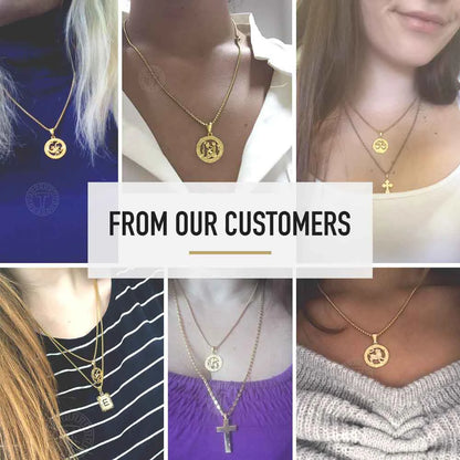Collage of people wearing gold necklaces with various pendants, featuring text 'From Our Customers'.