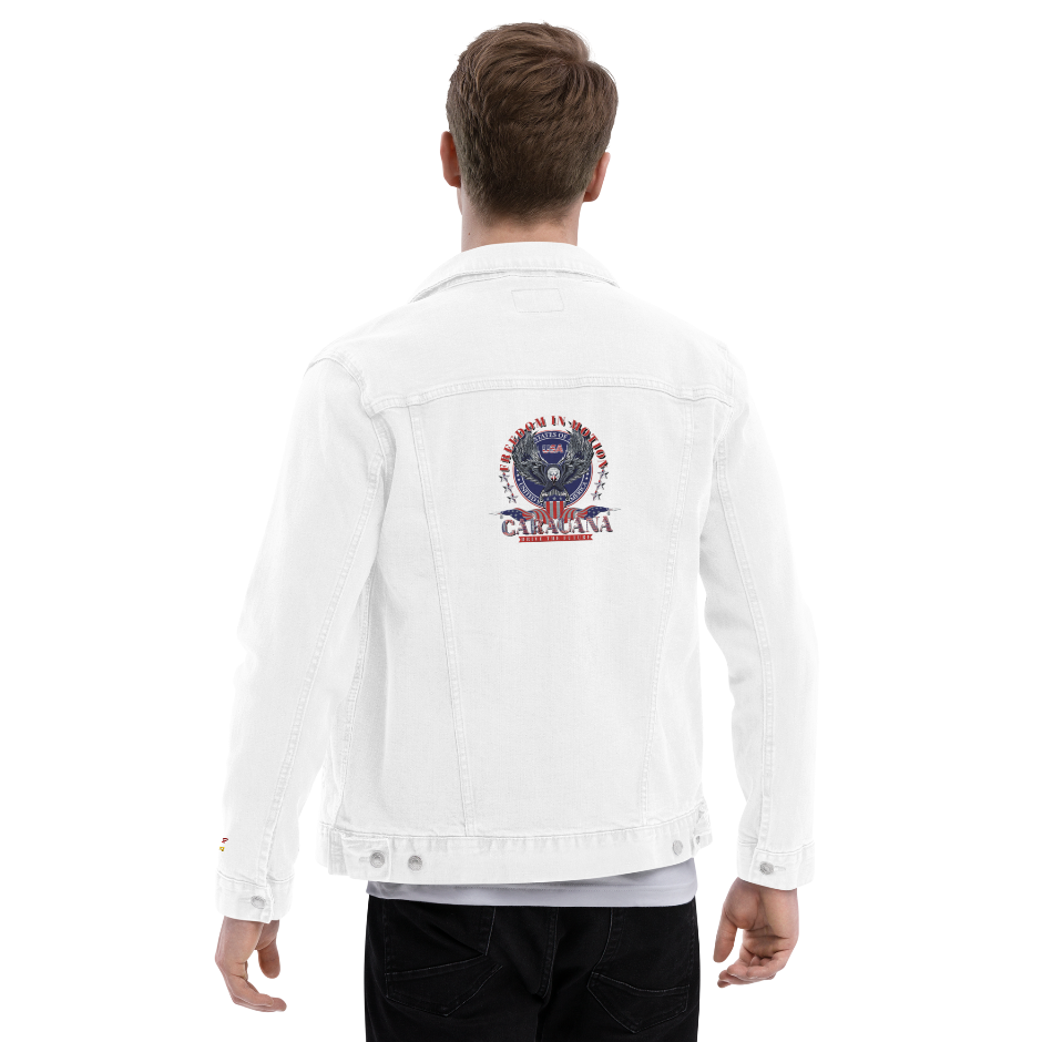 White denim jacket with a colorful graphic on the back worn by a person on a white background